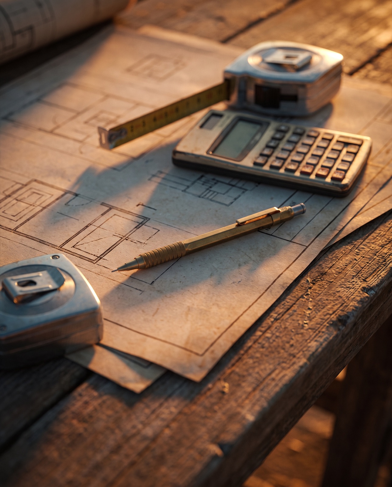 Blueprints, calculator, and measuring tools on a job-site table